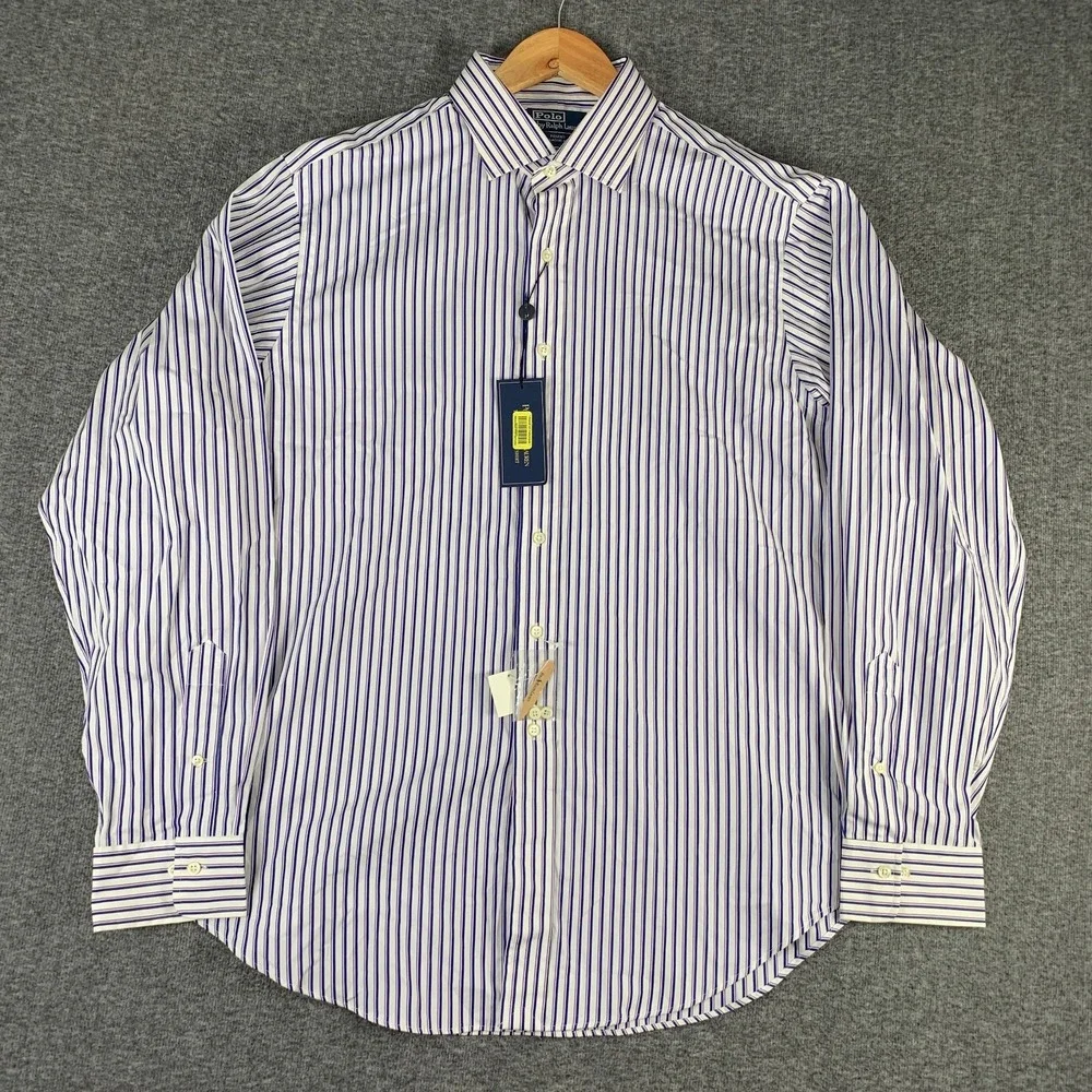 Vintage Polo Ralph Lauren Dress Shirt Men 17.5 White Striped Classy Regent NEW